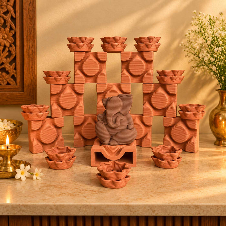 Handmade 3D Printed Small Ganpati Combo Stoneware Sculpture With Diyas & Base