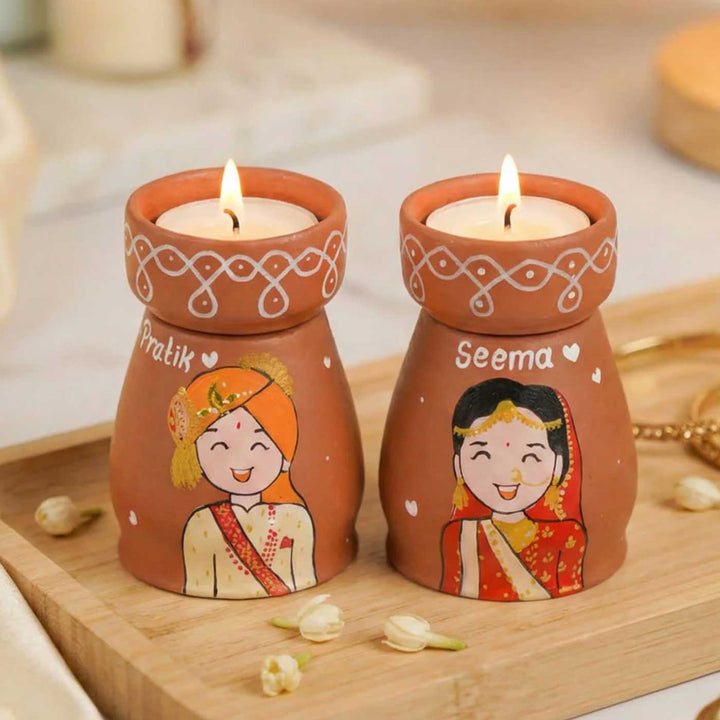 2 Pc | Marathi Couple Personalized Handpainted Terracotta Tealight Holder