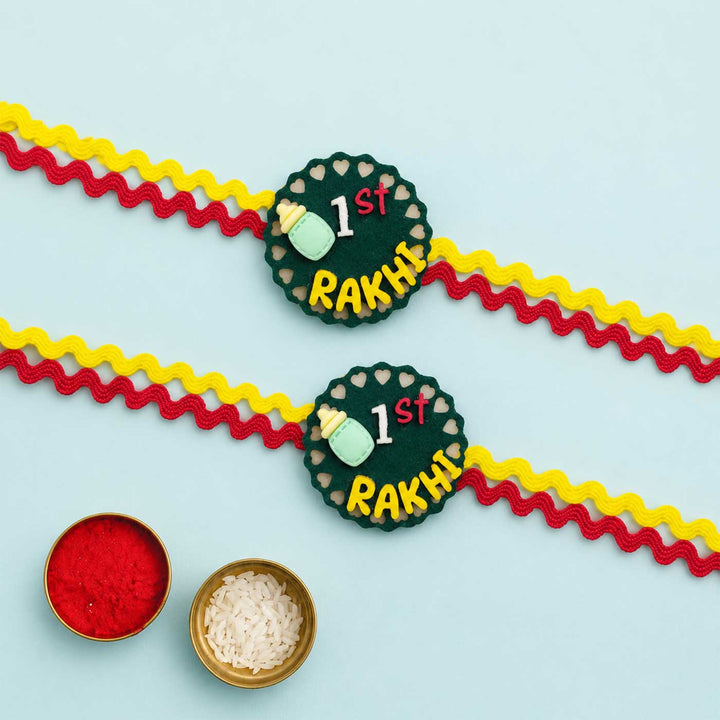 Handmade "1st Rakhi" Felt Kids Rakhi Set With Roli Chawal For Twins | Set of 2