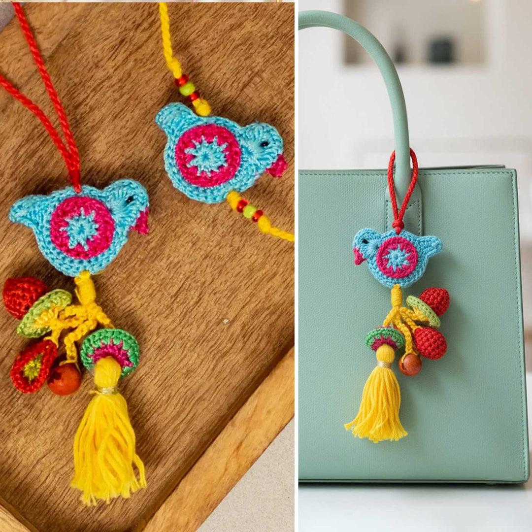 Handmade Crochet Blue Birds Bhaiya Bhabhi Rakhi With Roli Chawal | Set Of 2