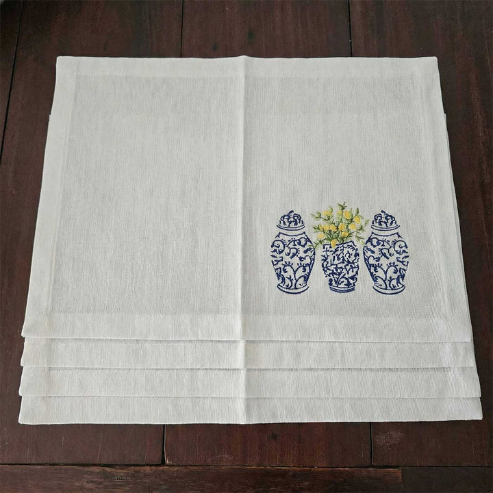 4 Pc | Embroidered White & Blue Pottery Cotton Table Mat