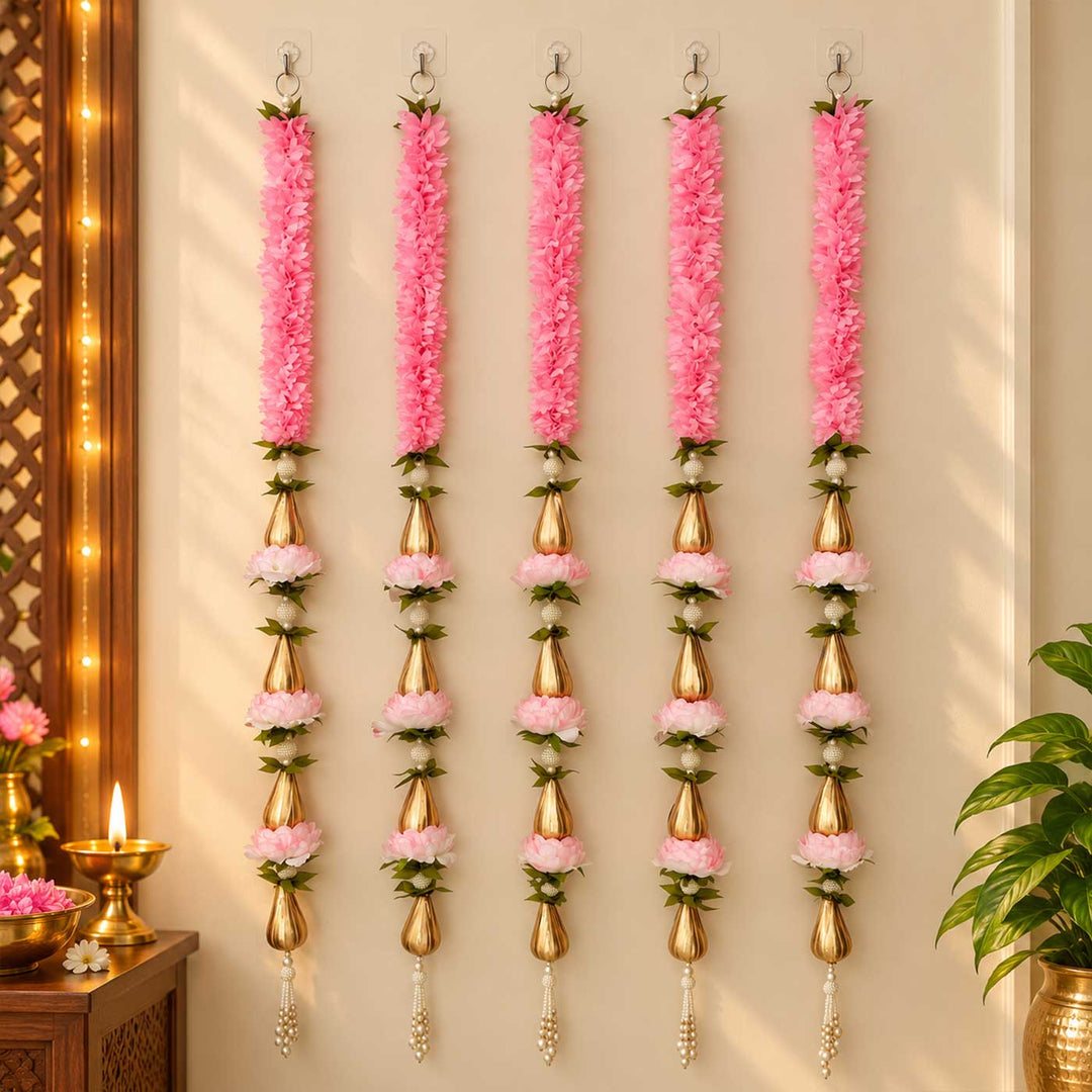 5 Pc | Handmade Pink Gajra & Flower Hangings With Golden Accents