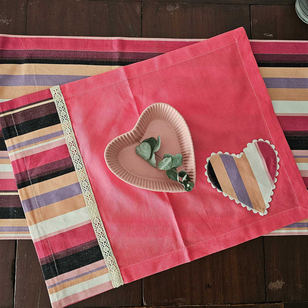 4 Pc | Striped Heart Motif Pink Cotton Table Mat