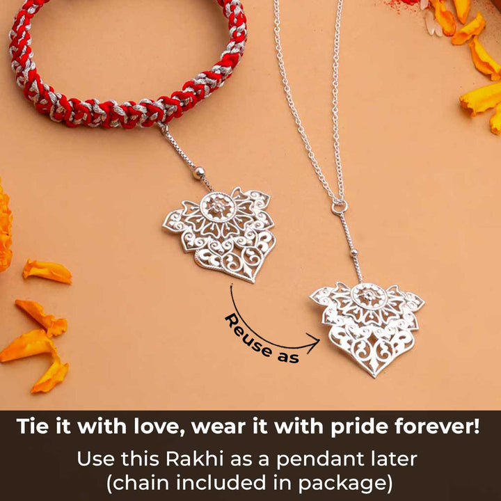 Handmade Ornate Filigree Design Silver Lumba Rakhi For Bhabhi - Dual Use Function Explanation