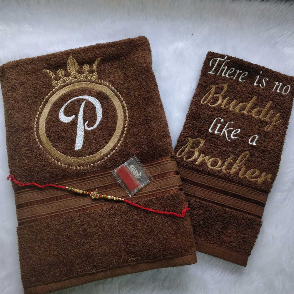 Personalized Embroidered Brown Cotton Towel Rakhi Hamper With Roli Chawal For Brother Includes 1 Hand Towel 1 Bath Towel And 1 Rakhi - Folded Towels with Rakhi