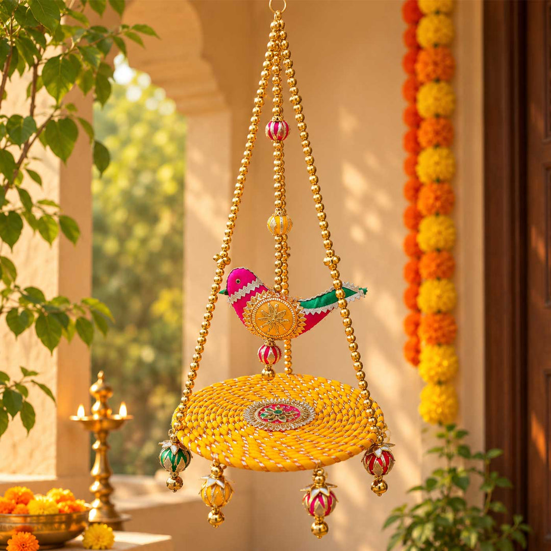 Handcrafted Chidiya Swing Gota Patti Bird Swing Wall Hanging with Beads & Pearls