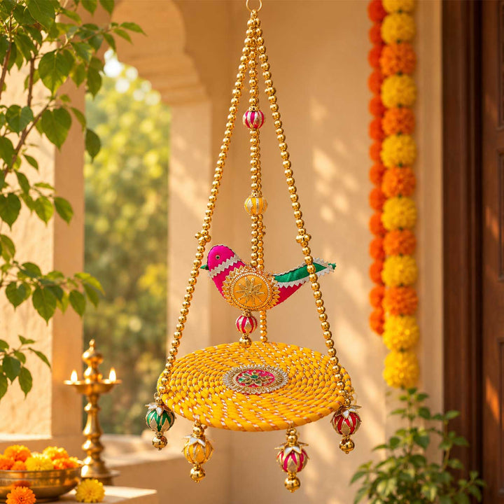 Handcrafted Chidiya Swing Gota Patti Bird Swing Wall Hanging with Beads & Pearls