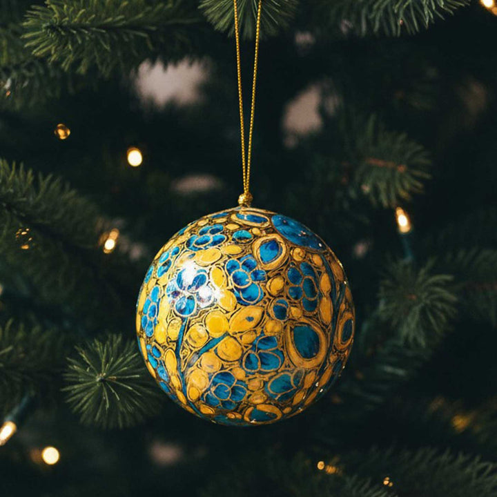 Blue & Orange Handmade Kashmiri Paper Mache Christmas Ball Ornament For Tree Decor