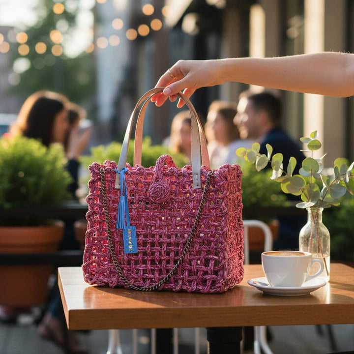 Handmade Grass Woven Boxed Metal Chain Strap Pink Sabai Mesh Sling Bag