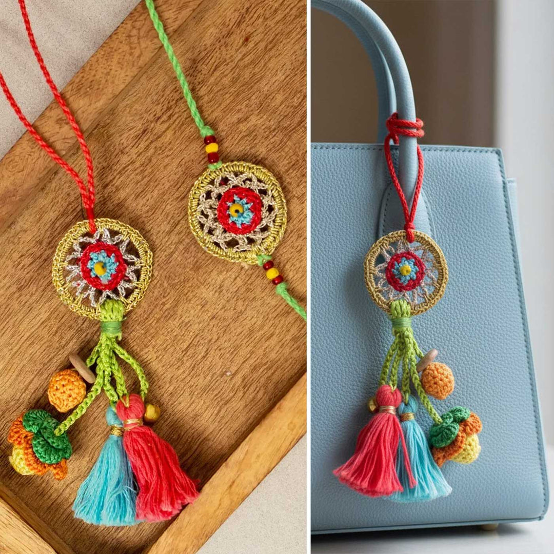 Handmade Crochet Gold Dreamcatcher Bhaiya Bhabhi Rakhi With Roli Chawal | Set Of 2