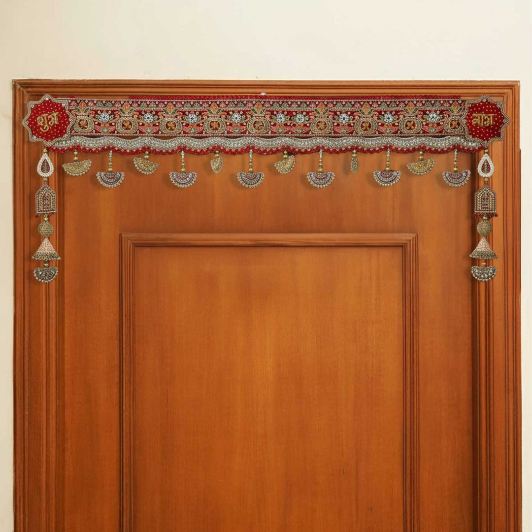 Handmade Embroidered Red Gamphi Jute Toran