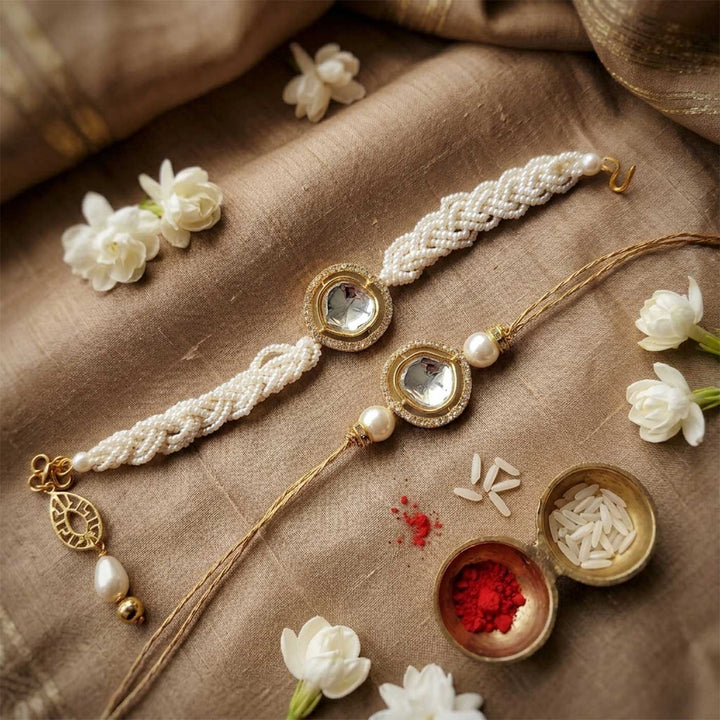 Handmade Beaded Pearl Rakhi With Roli Chawal For Bhaiya And Bhabhi