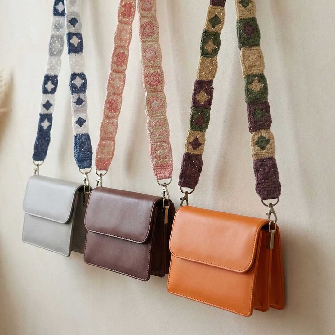 Handmade Crochet Brown And Green Star Design Cotton Sling Bag Belt