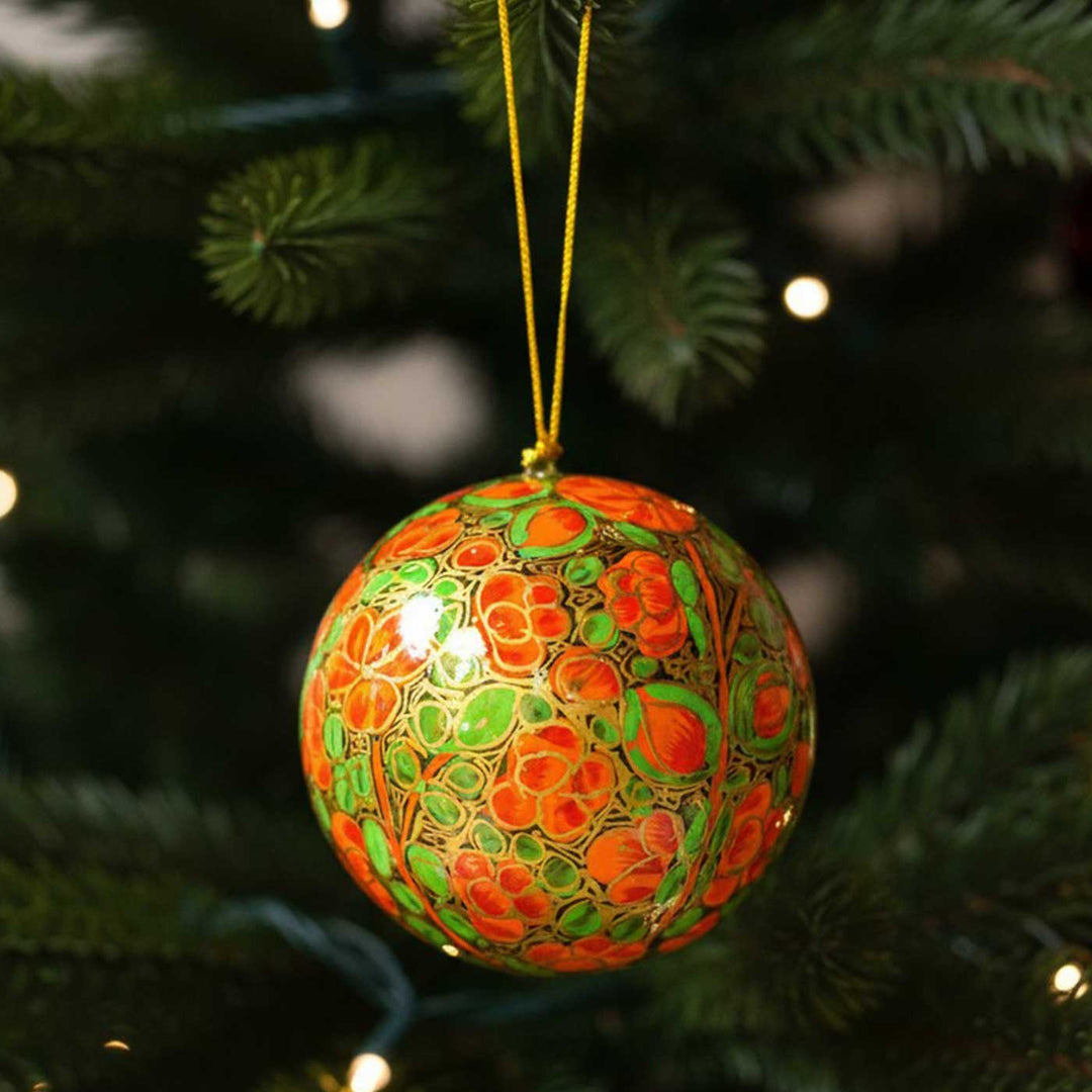 Orange & Green Handmade Kashmiri Paper Mache Christmas Ball Ornament For Tree Decor
