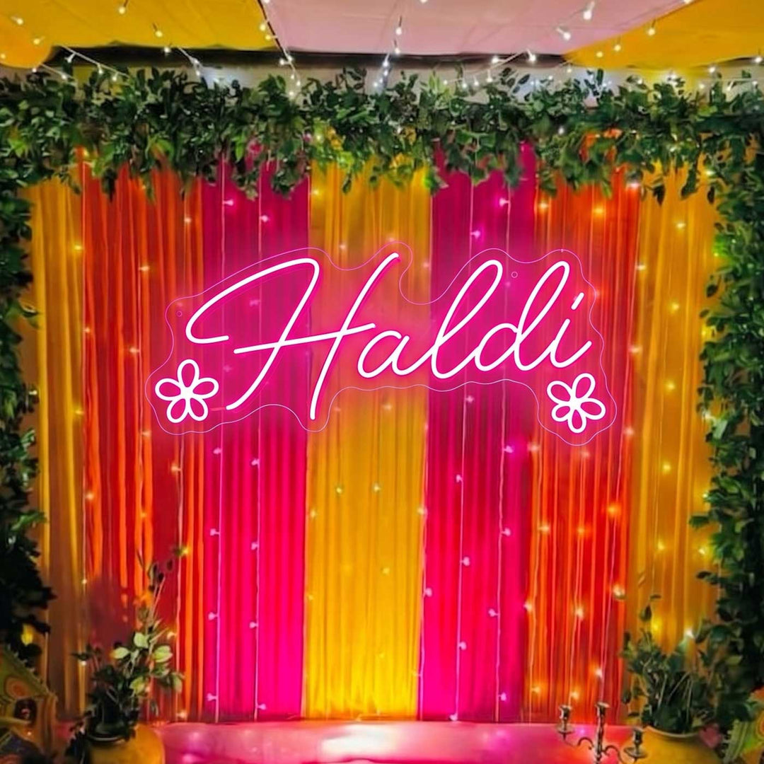 Personalized Handmade "Haldi" Neon Light Sign Board with Floral Motifs for Wedding Decor