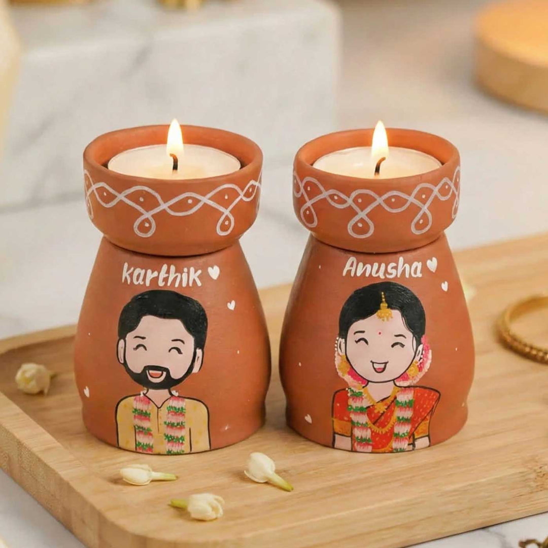 2 Pc | South Indian Couple Personalized Handpainted Terracotta Tealight Holder