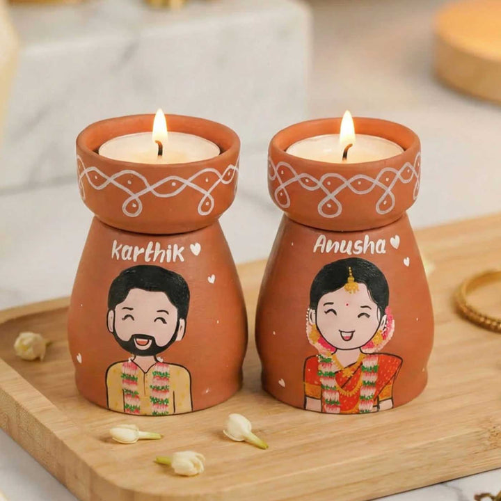 2 Pc | South Indian Couple Personalized Handpainted Terracotta Tealight Holder