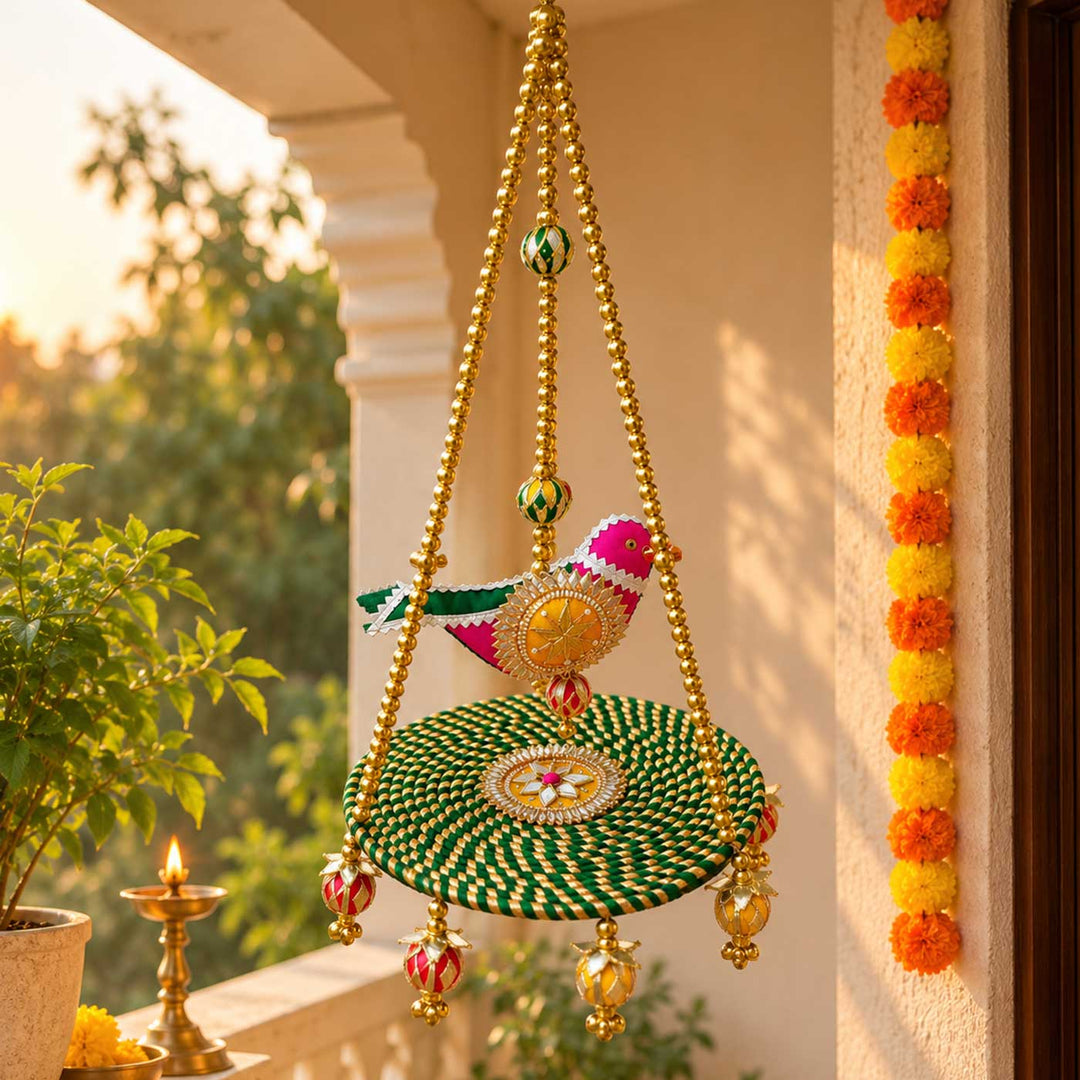 Handcrafted Chidiya Swing Gota Patti Bird Swing Wall Hanging with Beads & Pearls