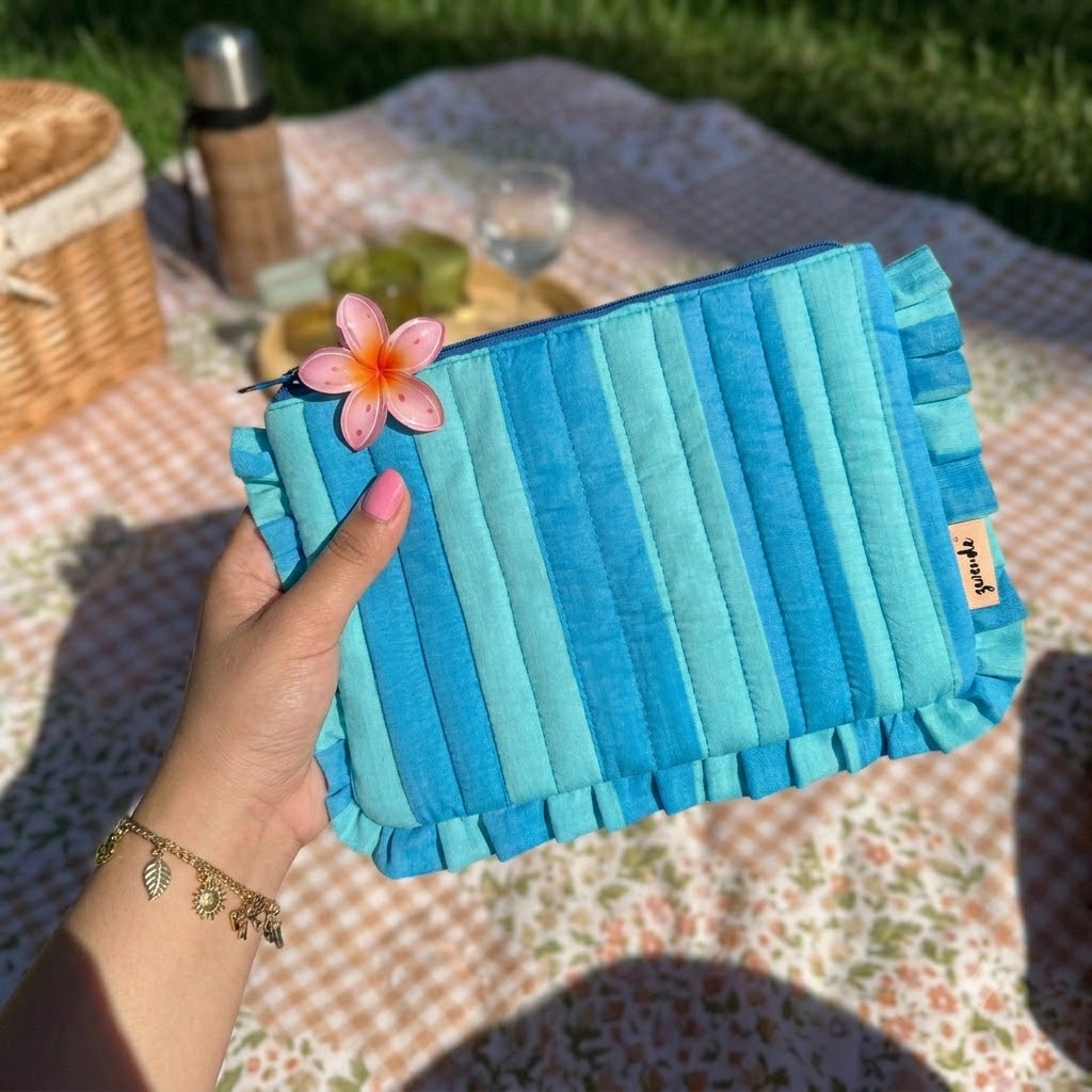"Lana" Compact Flat Pouch With Ruffled Edges For Women | Broad Stripes