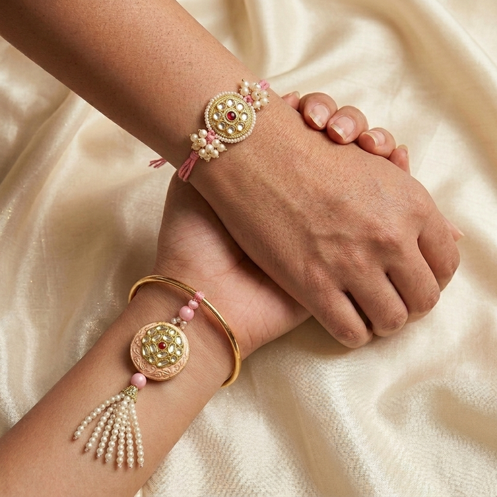 Handcrafted Kundan "Utsav" Couple Rakhi & Lumba Set With Roli Chawal for Bhaiya Bhabhi