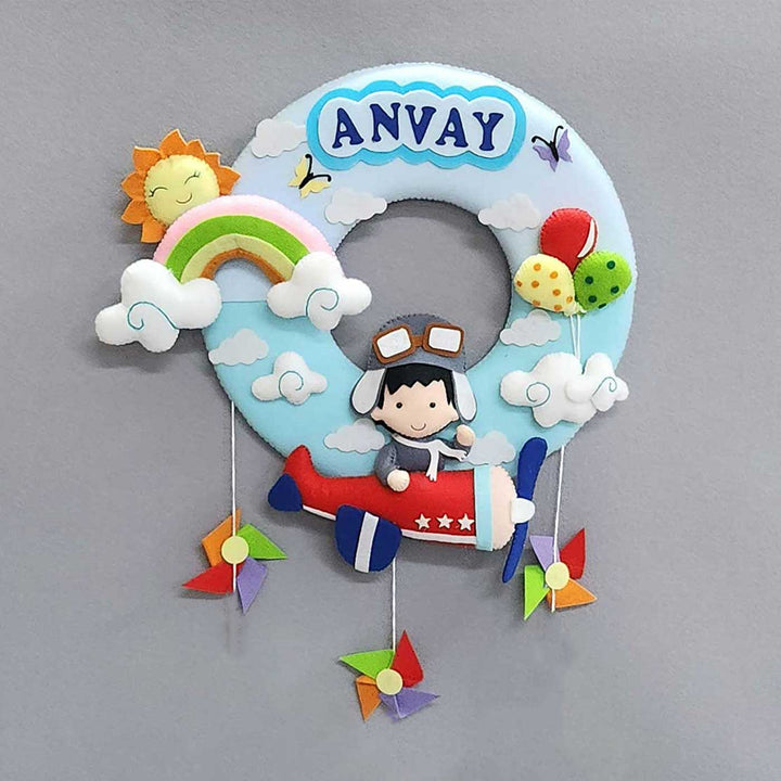 Personalized Aeroplane Theme Felt Kids Name Plate