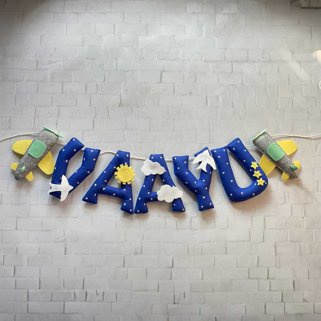 Personalized Handmade Airplane Theme Felt Kids Bunting - Hanging Name Garland Front View