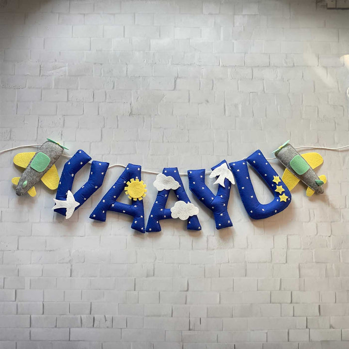 Personalized Handmade Airplane Theme Felt Kids Bunting - Hanging Name Garland Front View