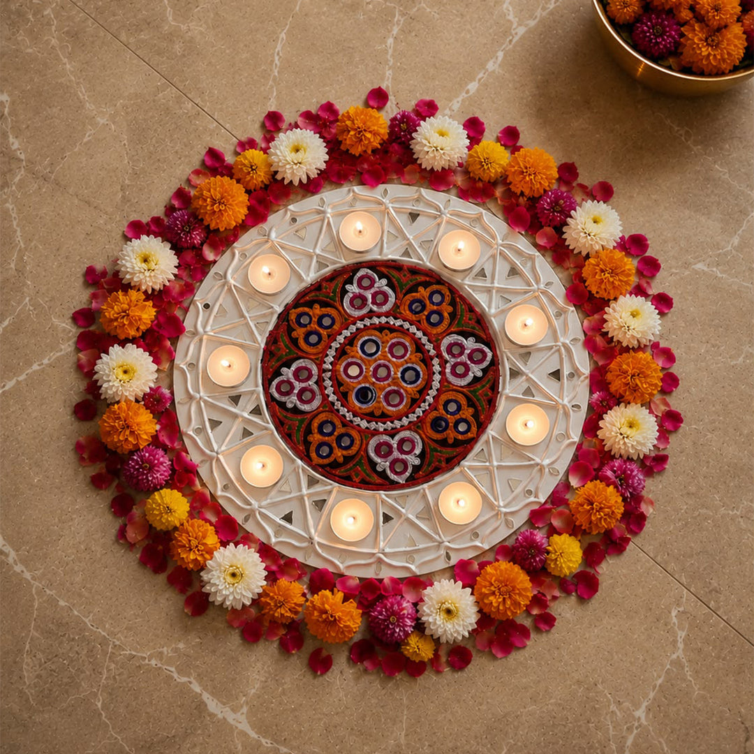 14 Inch | Lippan Art Round MDF Aagan Aari Rangoli With Tealight Holder And Kutch Embroidery Centre