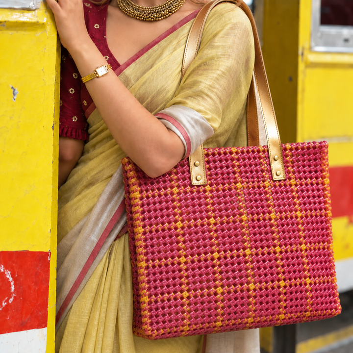 "Banarasi" Maroon & Gold Checks Handmade Wire Koodai Tote Bag
