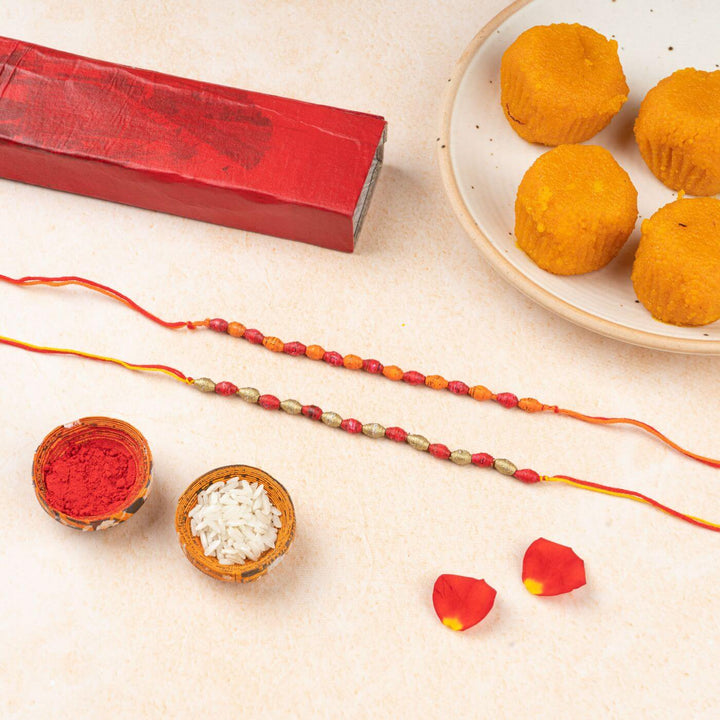 Handcrafted Paper Beads Rakhi Hamper With Rice Roli 1 - Rakhi Set with Traditional Items