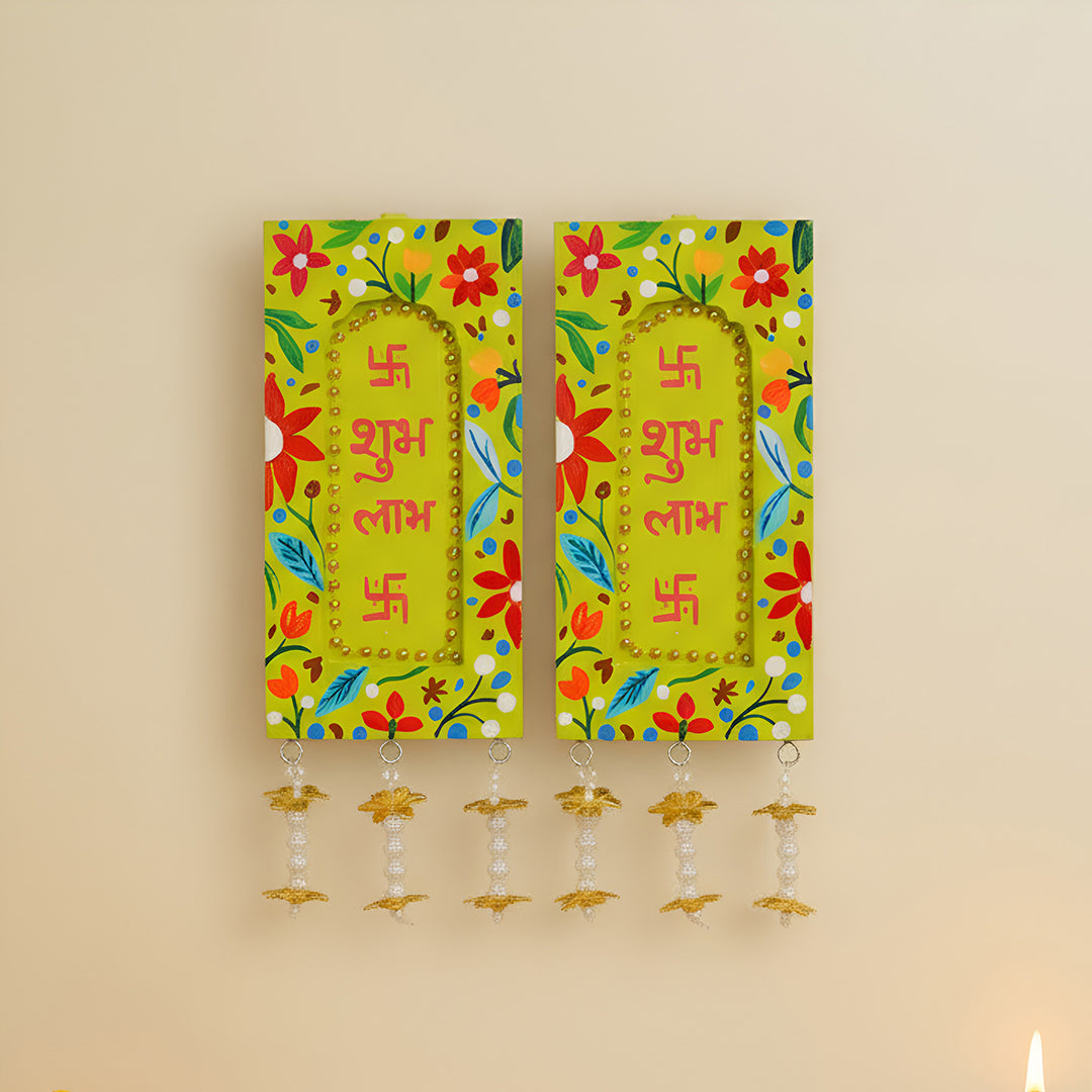 Hand-Painted Green Shubh Labh Jharokha MDF Wood Hanging | Set Of 2