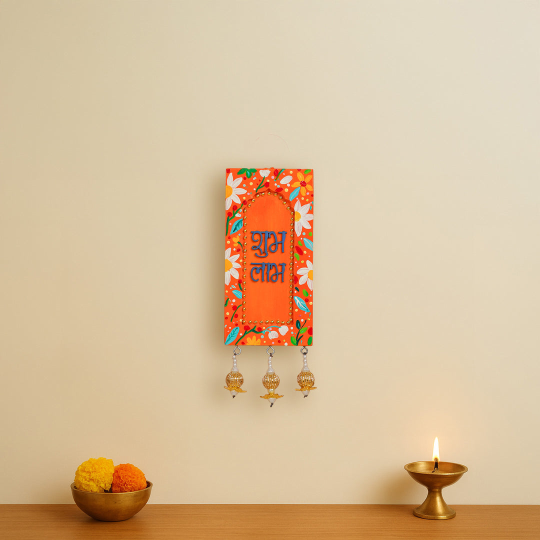 Hand-Painted Floral Shubh Labh Jharokha MDF Wood Hanging