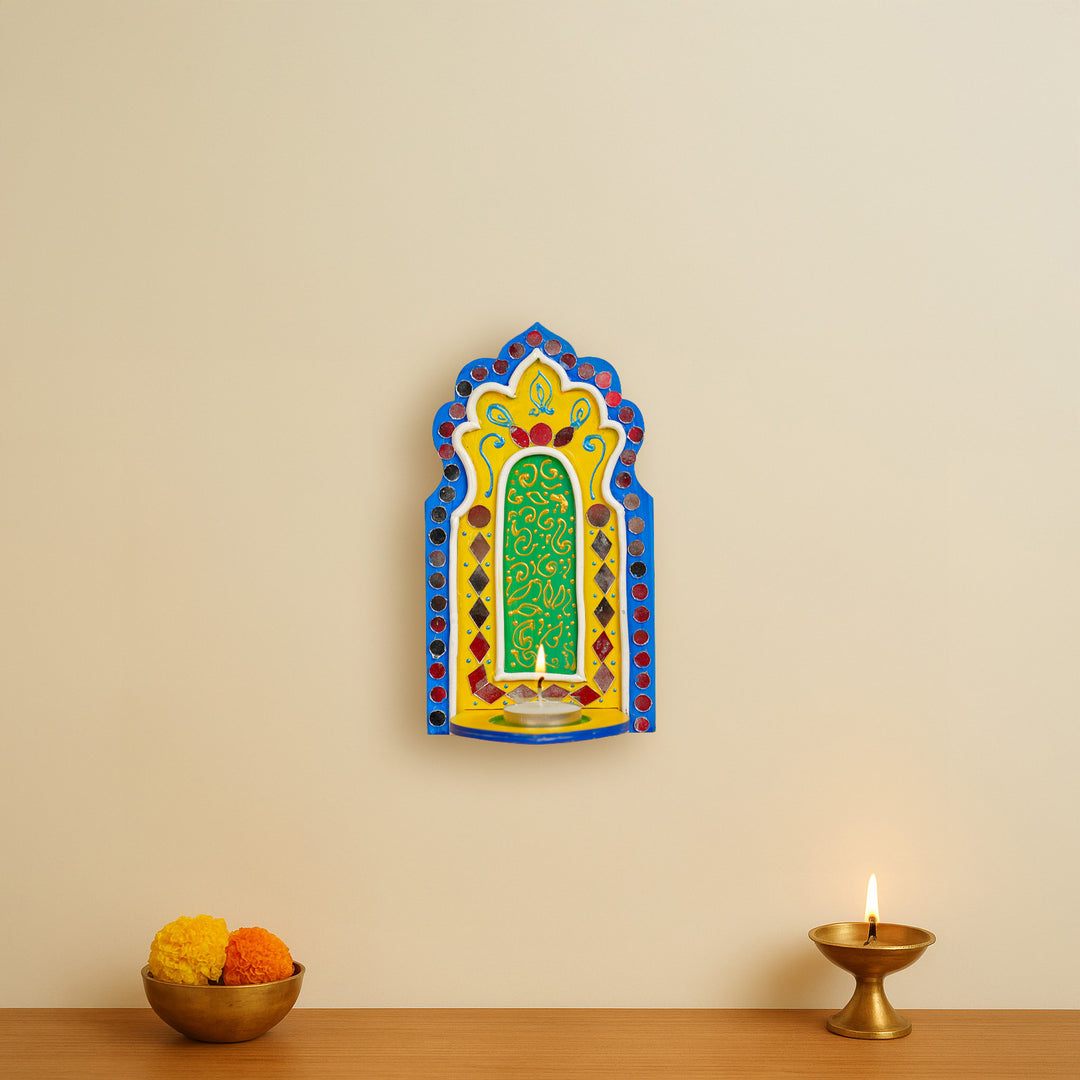 Hand-Painted Mirror Work Lippan MDF Wood Tealight Holder