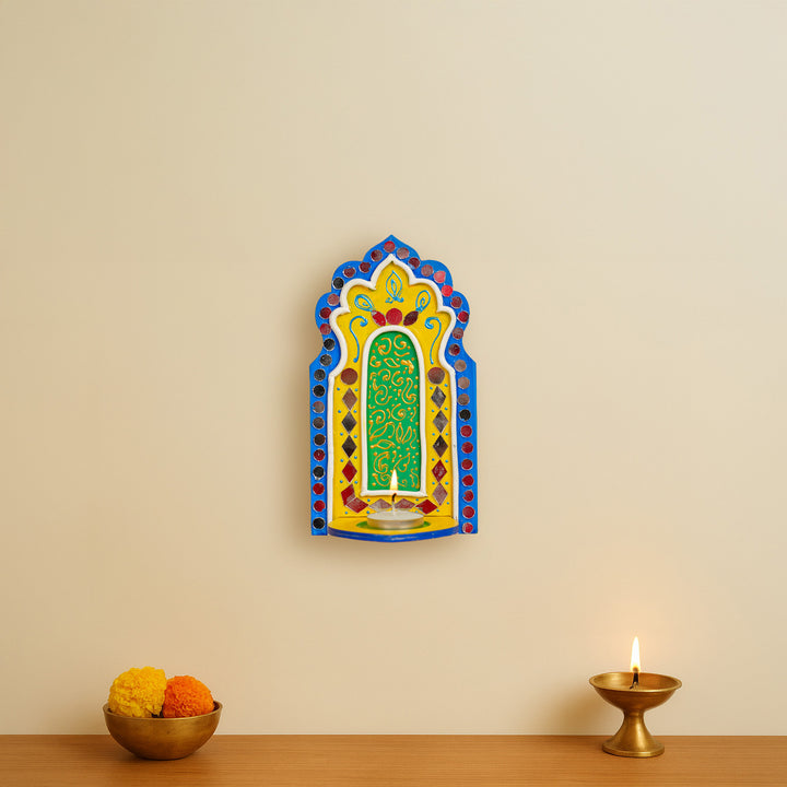 Hand-Painted Mirror Work Lippan MDF Wood Tealight Holder