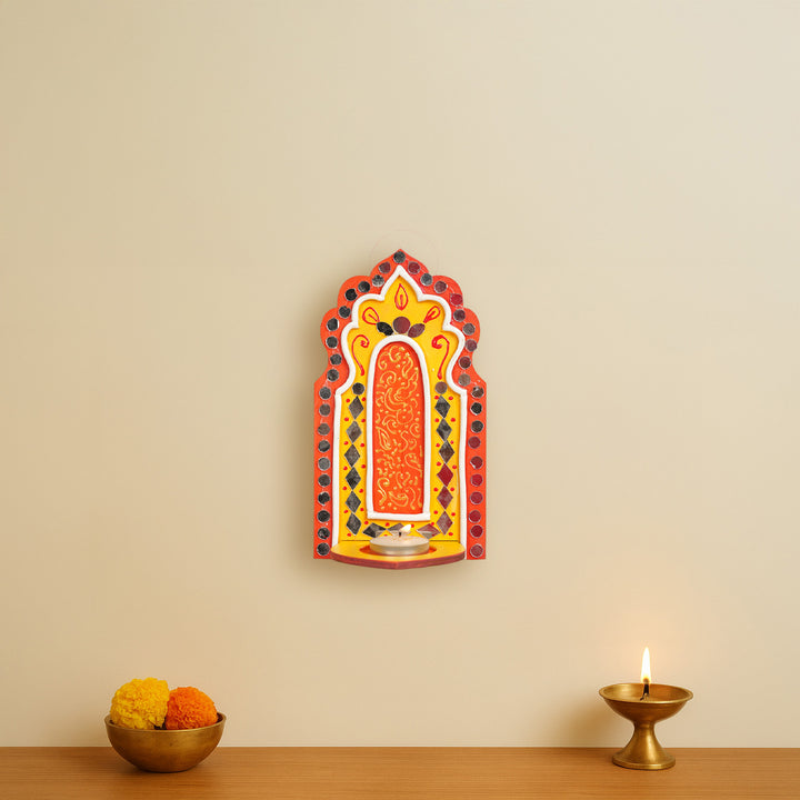 Hand-Painted Mirror Work Lippan MDF Wood Tealight Holder