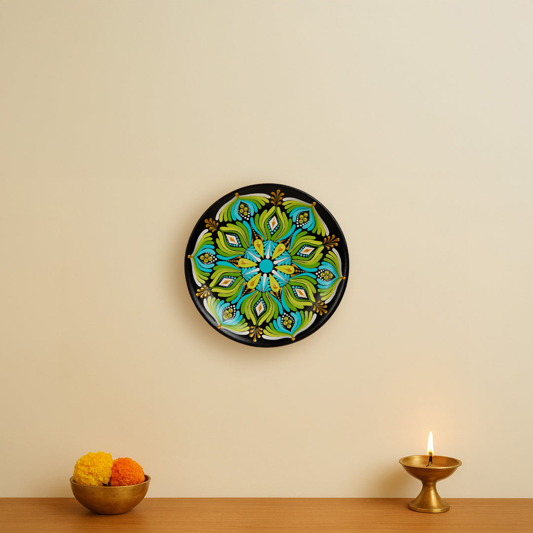 8 Inch | Hand-Painted Dot Mandala Green Floral Terracotta Wall Plate