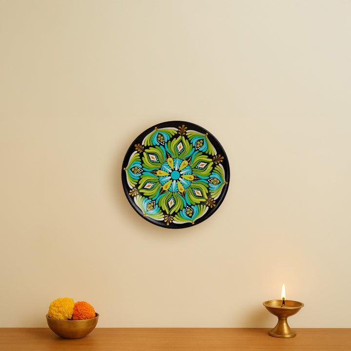 8 Inch | Hand-Painted Dot Mandala Green Floral Terracotta Wall Plate