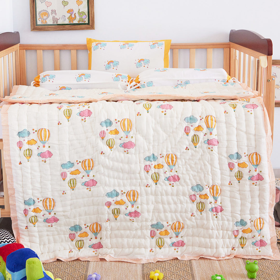 Hot Air Balloon Hand Block Printed Baby Quilt