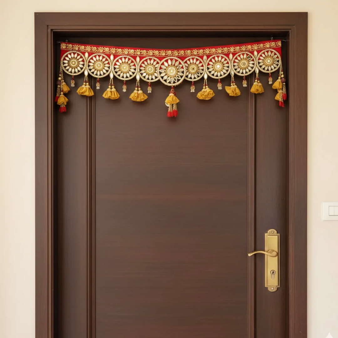 Hand Embroidered Mirror Work Red & Golden Designer Toran