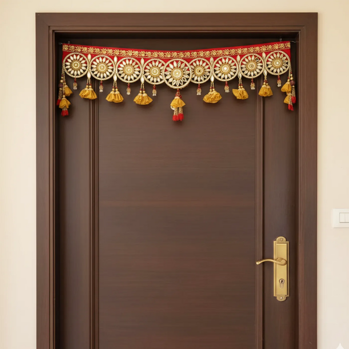 Hand Embroidered Mirror Work Red & Golden Designer Toran