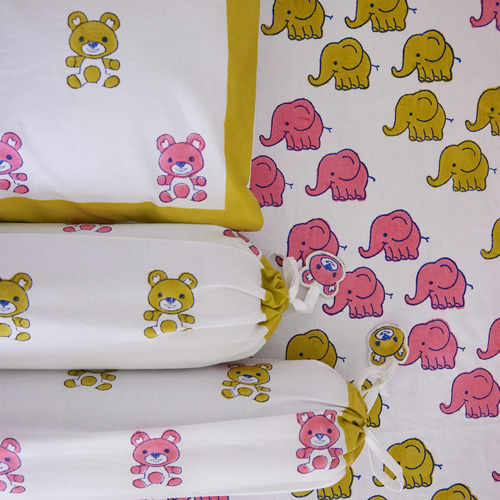 Tiny Teddy Hand Block Printed Baby Bedding Cot Set