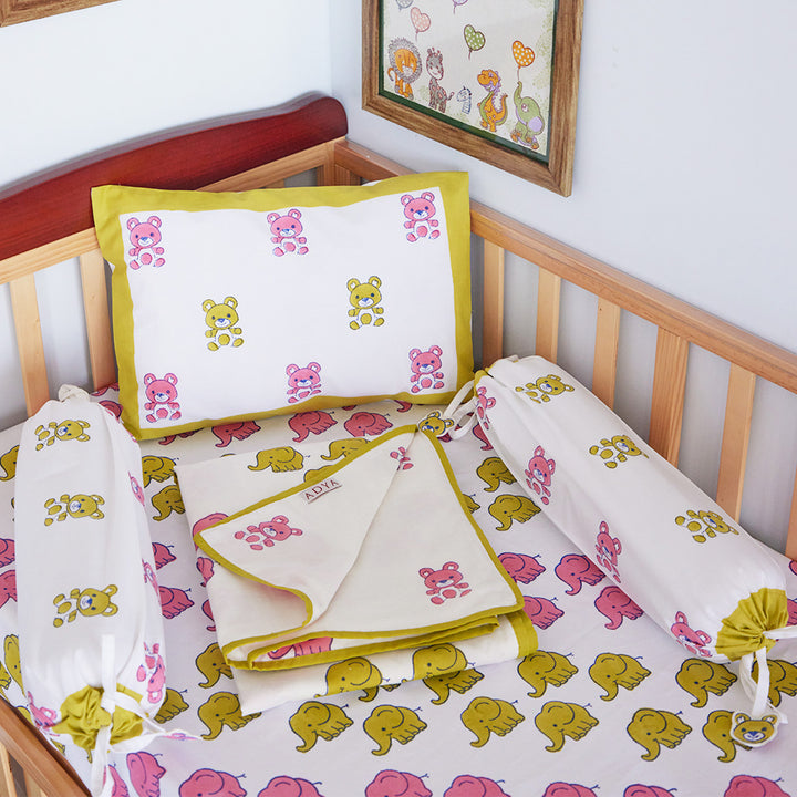 Tiny Teddy Hand Block Printed Baby Bedding Cot Set