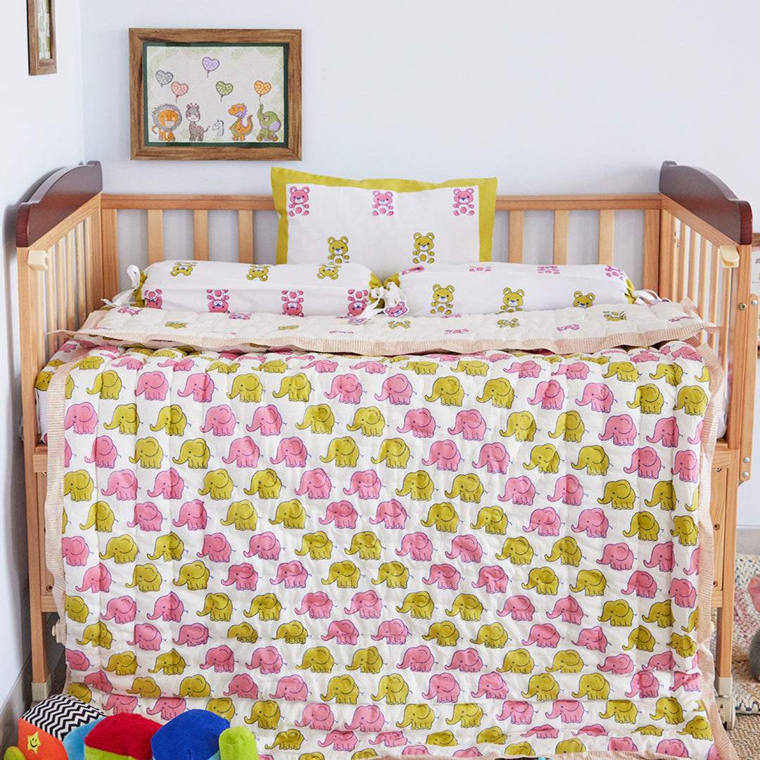 Tiny Teddy Hand Block Printed Baby Quilt