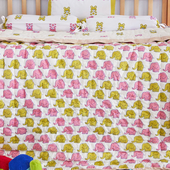 Tiny Teddy Hand Block Printed Baby Quilt
