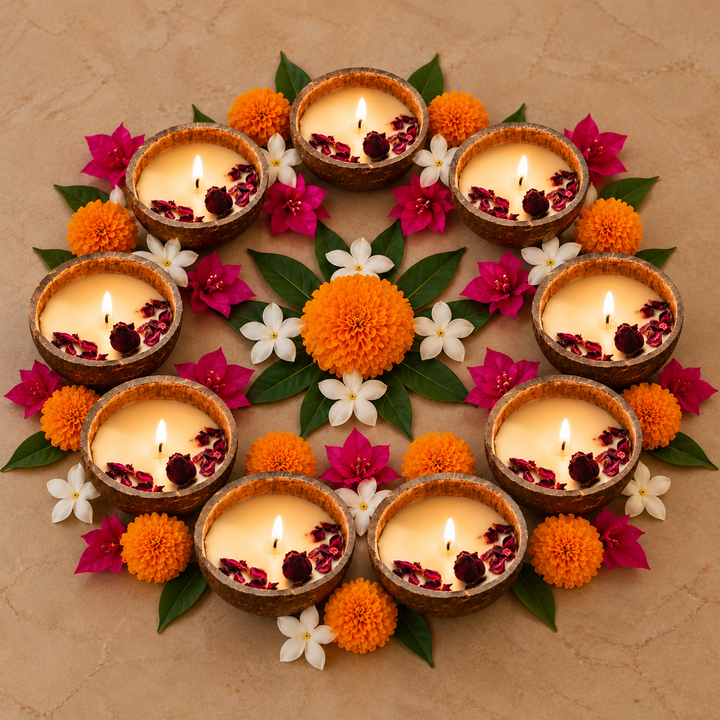 10 Pc | Eco-friendly Handmade Rose Scented Coconut Shell Candle