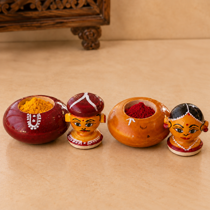 Set of 2 | Handmade Raja Rani Small Wooden Golu Doll Kumkum Holders For Festive Decor