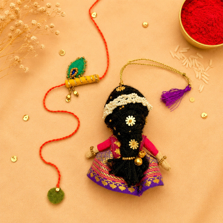 Hand Embroidered Radha Bansuri Rakhi Lumba Set For Bhaiya Bhabhi