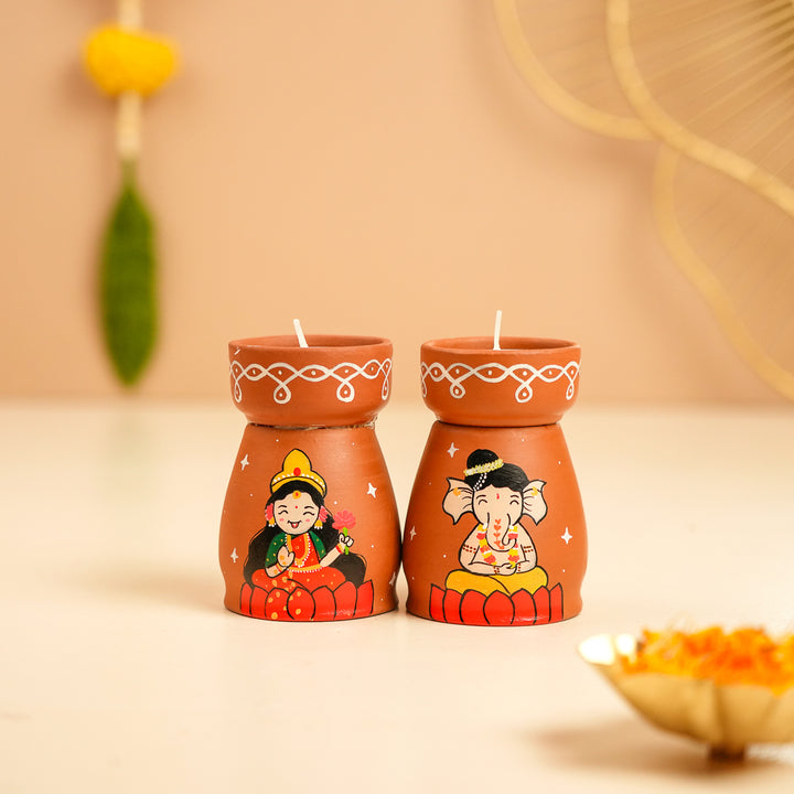 Hand-Painted Lakshmi & Ganapati Terracotta Tealight Holder | Set Of 2