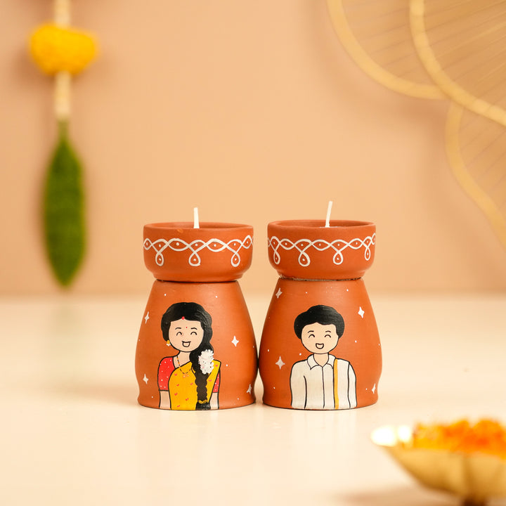 Hand-Painted South Indian Couple Terracotta Tealight Holder | Set Of 2
