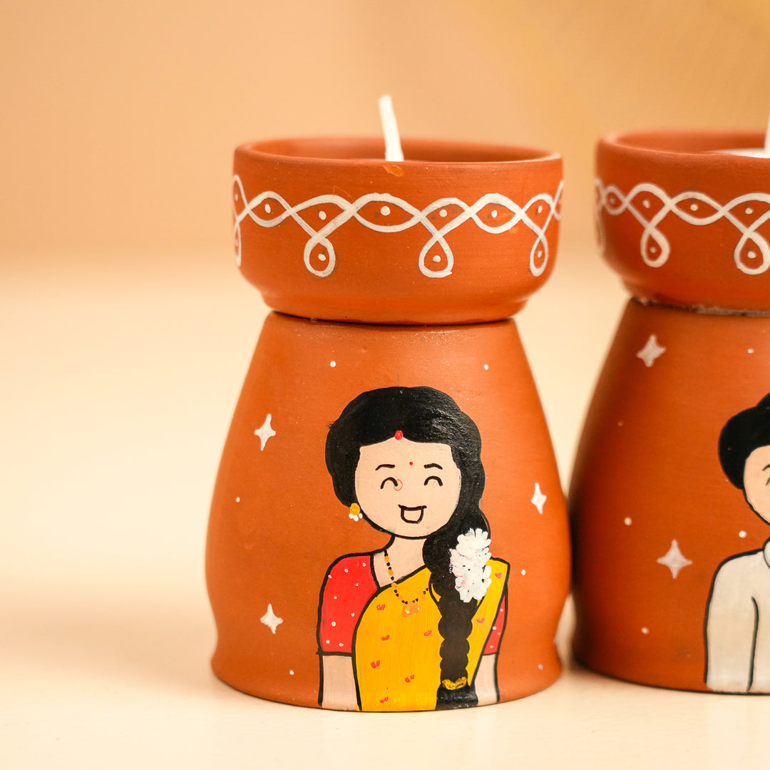 Hand-Painted South Indian Couple Terracotta Tealight Holder | Set Of 2
